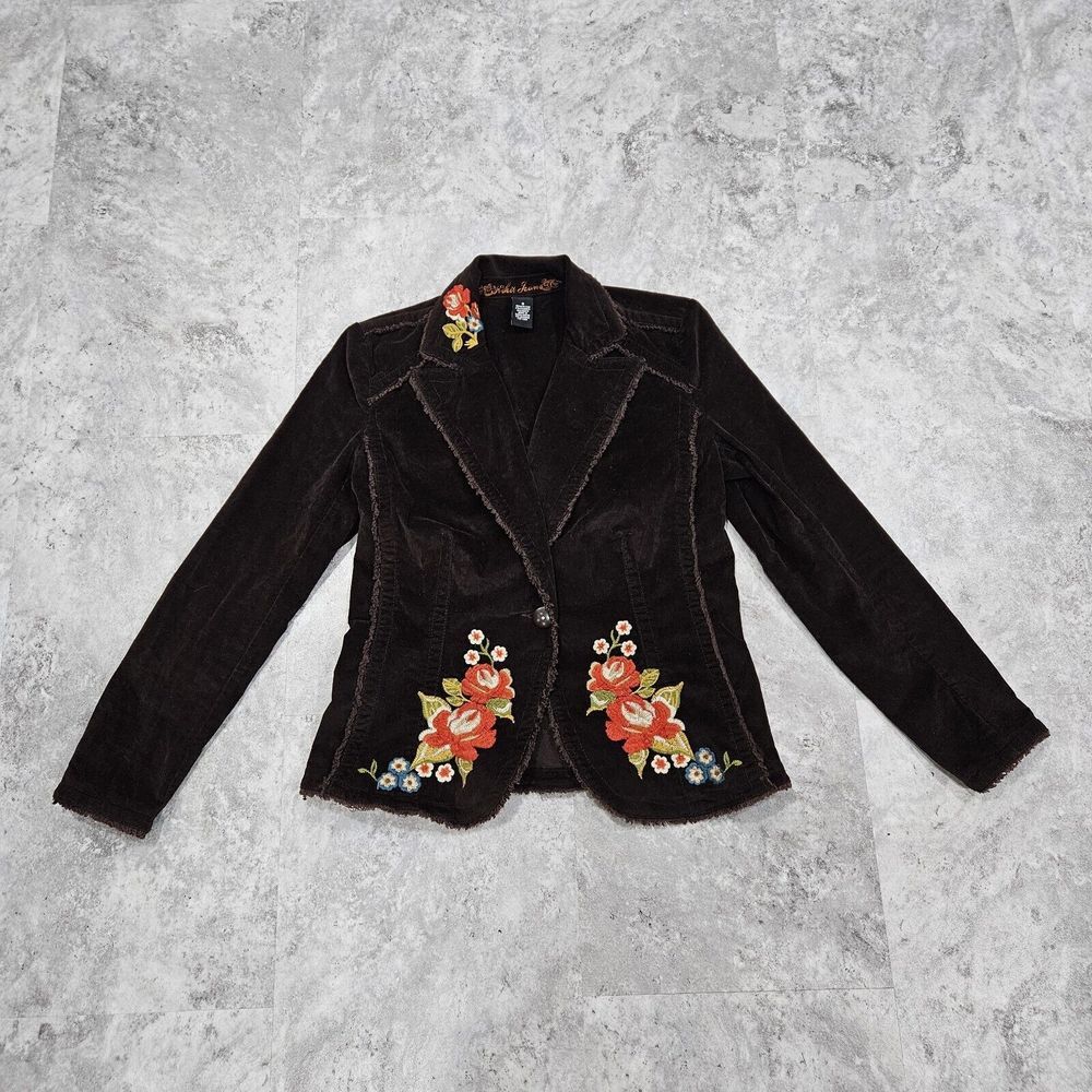 Vintage Y2k Kitkit Jeans Embroidered Brown Corduroy Jacket Shabby Chic Medium